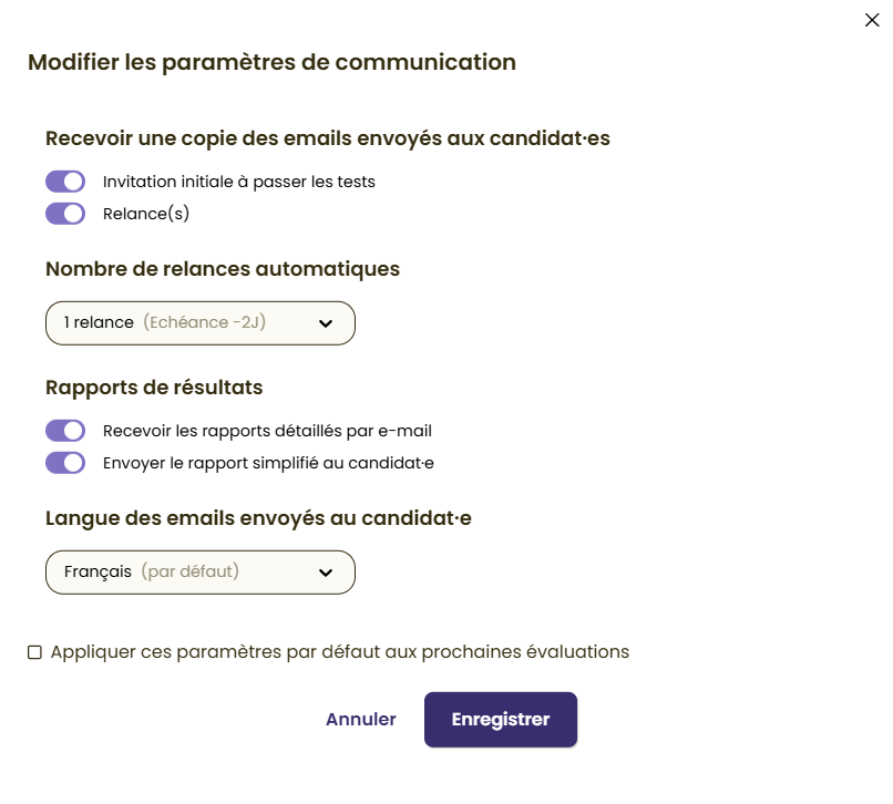 Fenêtre des options avancées de communication