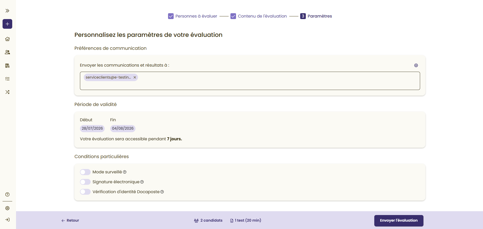 Paramétrage de l'évaluation